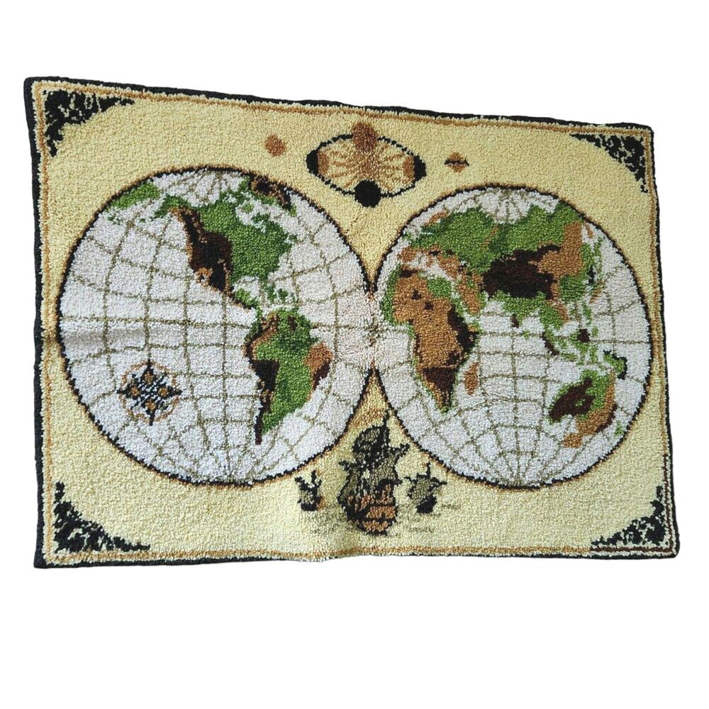 Vintage Globe World Shag Latch Hook Tapestry Rug Wall Hanging
